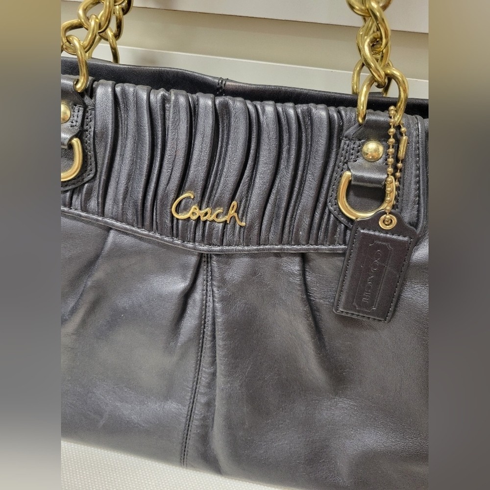Coach Vintage Ashley Black Pleated Leather Chain Shoulder Bag Tote Purse - Picture 2 of 15